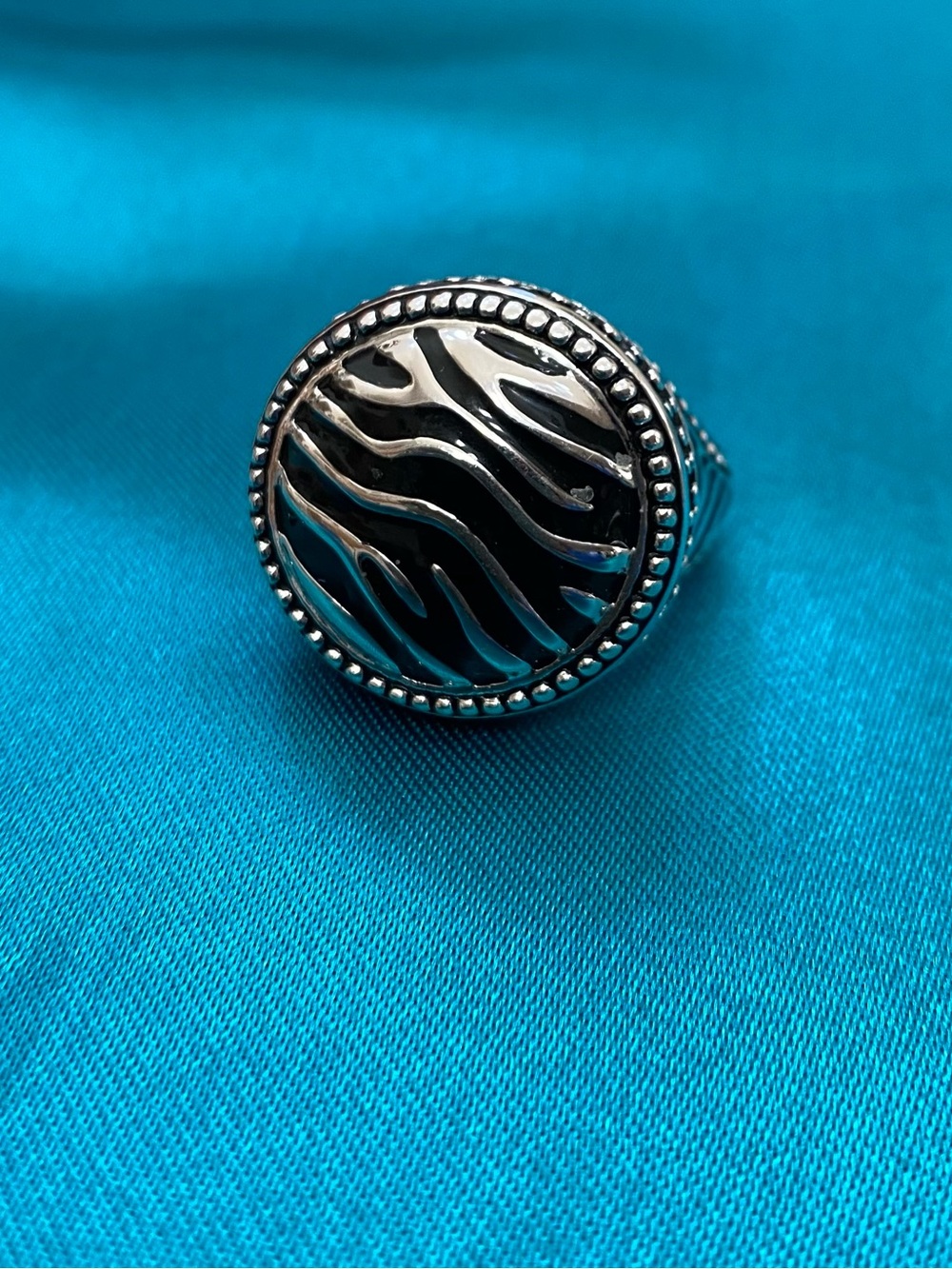 Silver-Tone Black Enamel Zebra Ring